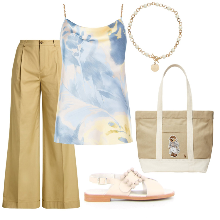 Outfit donna - I pantaloni in estate. Stile Casual per Tutti i giorni. Abbinamento con top, collane, pantaloni, borse tote, sandali.