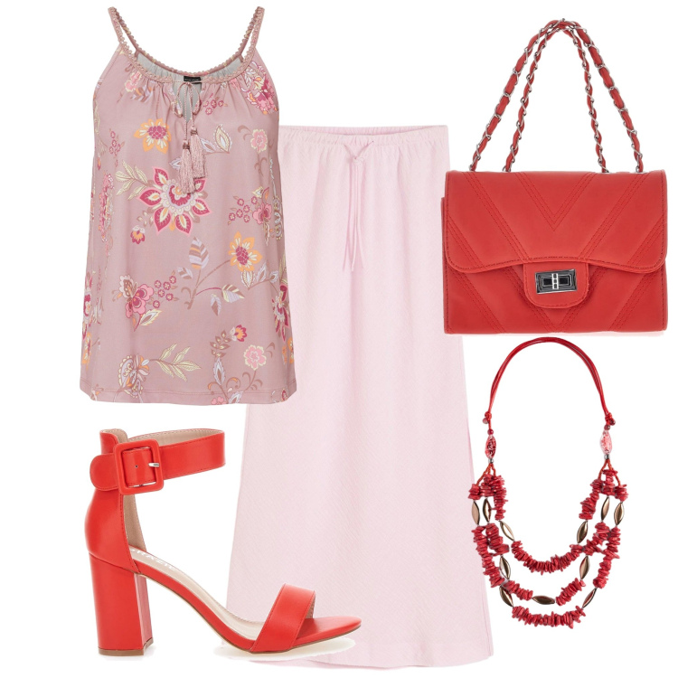 Outfit donna - Rosso e rosa. Stile Trendy per Tutti i giorni. Abbinamento con gonne lunghe, top, borse a tracolla, sandali col tacco, collane.