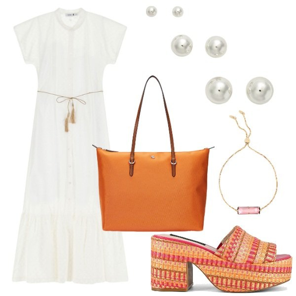 Outfit donna - Arancione Caldo. Stile Glamour per Tutti i giorni. Abbinamento con vestiti lunghi, orecchini, borse tote, braccialetti, zeppe.