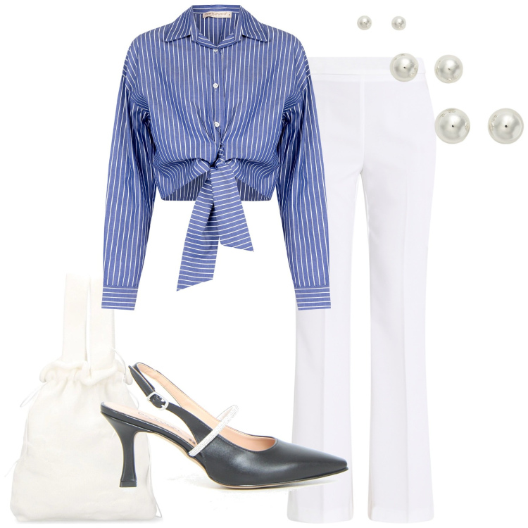 Outfit donna - In città. Stile Chic per Tutti i giorni. Abbinamento con pantaloni, camicie, orecchini, borse a mano, décolleté.