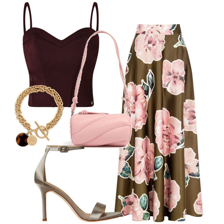 Outfit donna - Serata. Stile Trendy per Serata fuori. Abbinamento con top, gonne, braccialetti con ciondoli, sandali col tacco, borse a spalla.