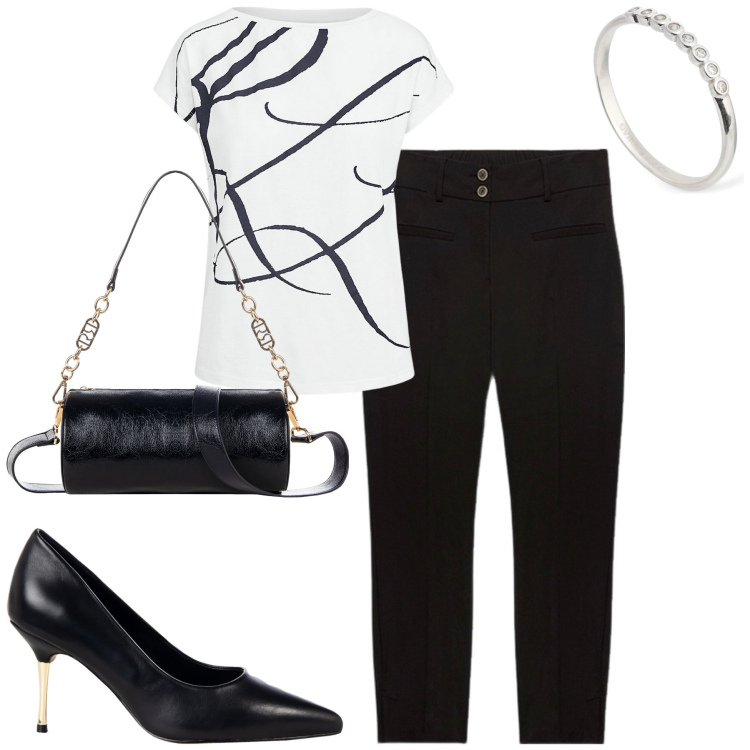 Outfit donna - In città. Stile Urban per Tutti i giorni. Abbinamento con décolleté, borse a mano, maglieria, pantaloni chino, anelli.