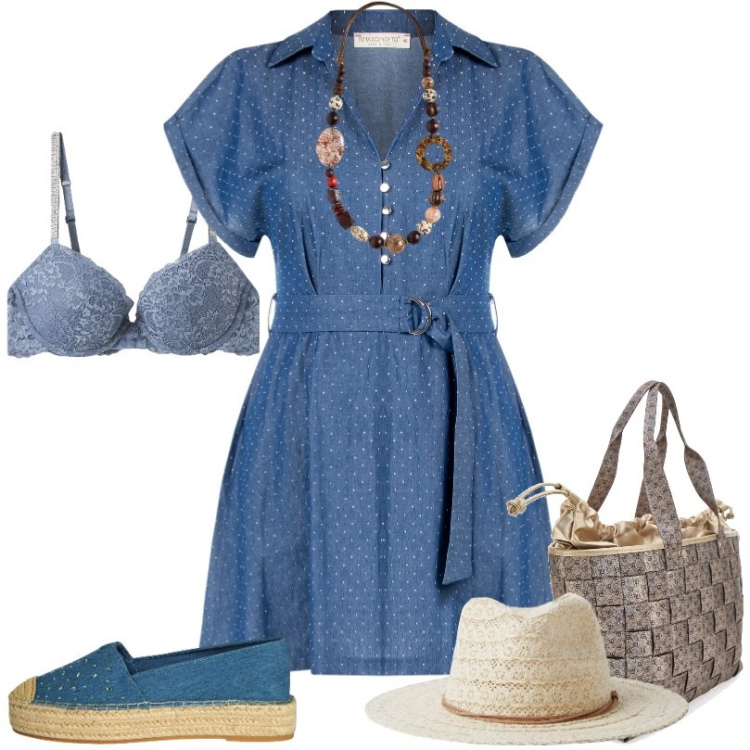 Outfit donna - Pratica con stile. Stile Casual per Tutti i giorni. Abbinamento con cappelli, espadrillas, reggiseni a balconcino, vestiti, borse a spalla, collane.