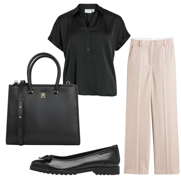 Outfit mujer - Trabajando. Estilo Bon Ton para Oficina. Combinación con bailarinas, pantalones palazzo, blusas, bolso tote.