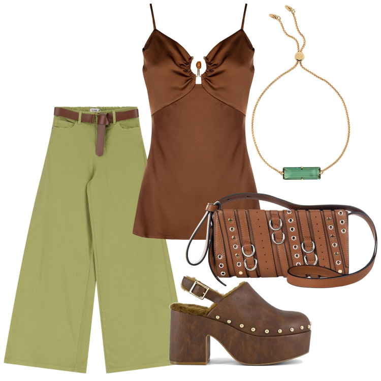 Outfit donna - Con le zeppe 3. Stile 70s per Tutti i giorni. Abbinamento con borse a spalla, top, pantaloni, braccialetti, sabot.