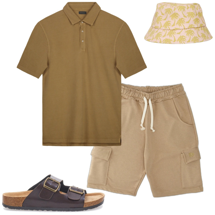 Outfit uomo - In città. Stile Casual per Tutti i giorni. Abbinamento con cappelli con visiera, pantaloni corti, sandali, polo.