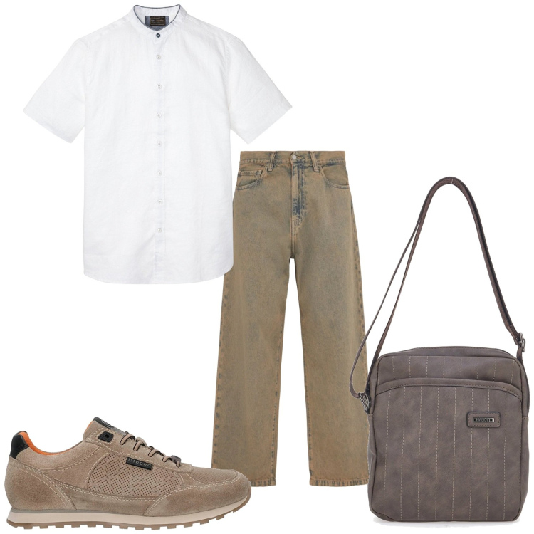 Outfit uomo - Il pomeriggio in città. Stile Urban per Tutti i giorni. Abbinamento con camicie a manica corta, portafogli, sneakers, jeans.