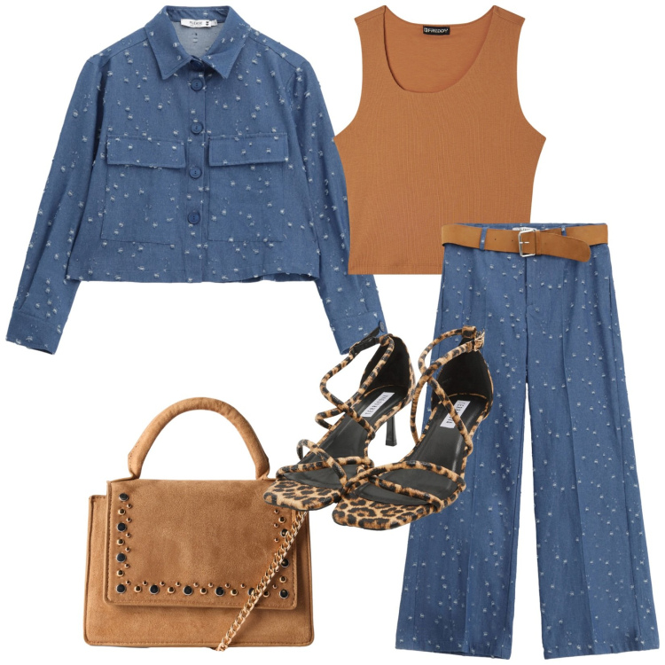 Outfit donna - Please pois. Stile Trendy per Serata fuori. Abbinamento con sandali col tacco, borse a tracolla, pantaloni, blazer, top.