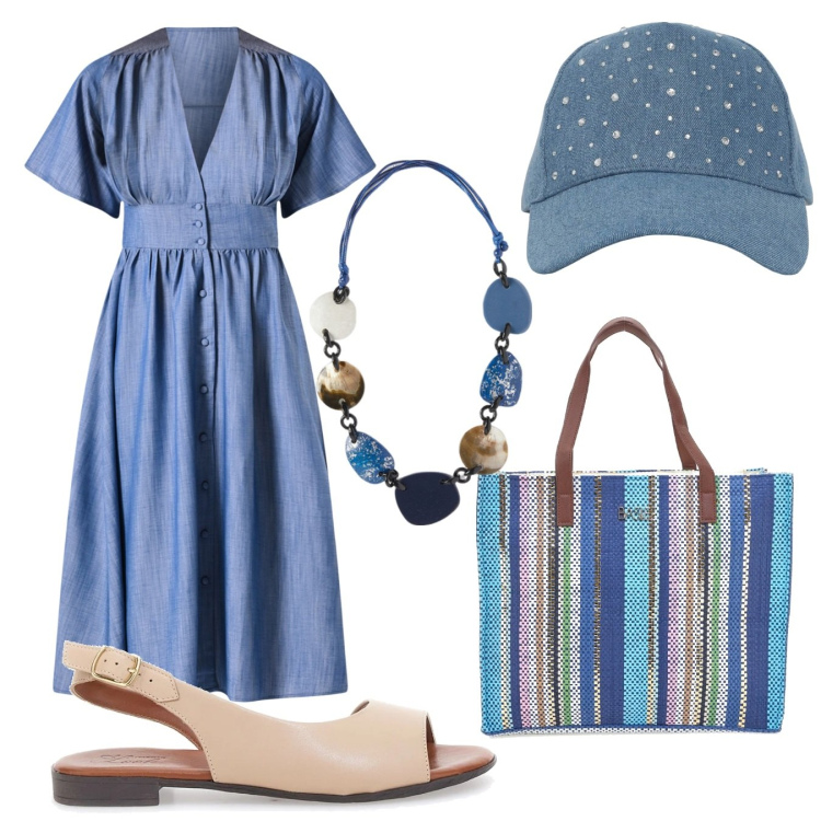 Outfit donna - Shopping vacaziero. Stile Boho per Mare. Abbinamento con cappelli, vestiti chemisier, sandali in pelle, shopping bag, collane.