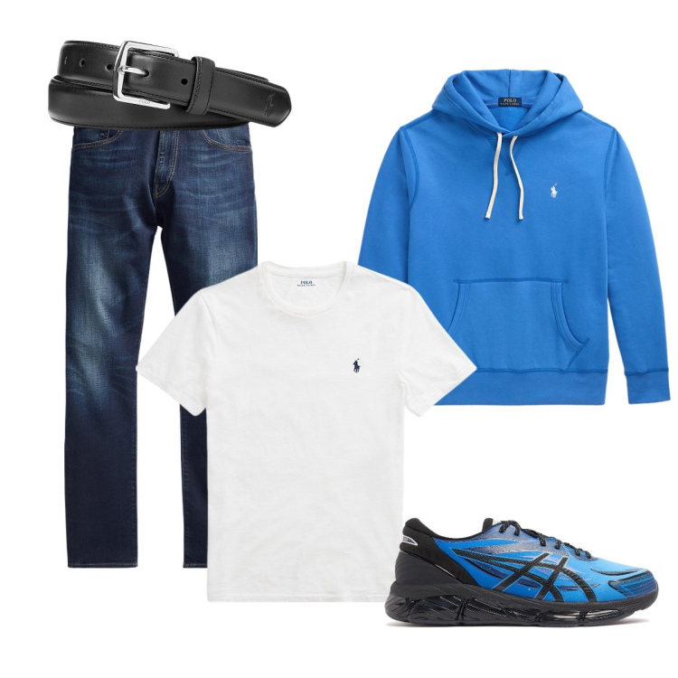 Outfit uomo - In città. Stile Casual per Tutti i giorni. Abbinamento con cinture, jeans, t-shirt, felpe, sneakers.