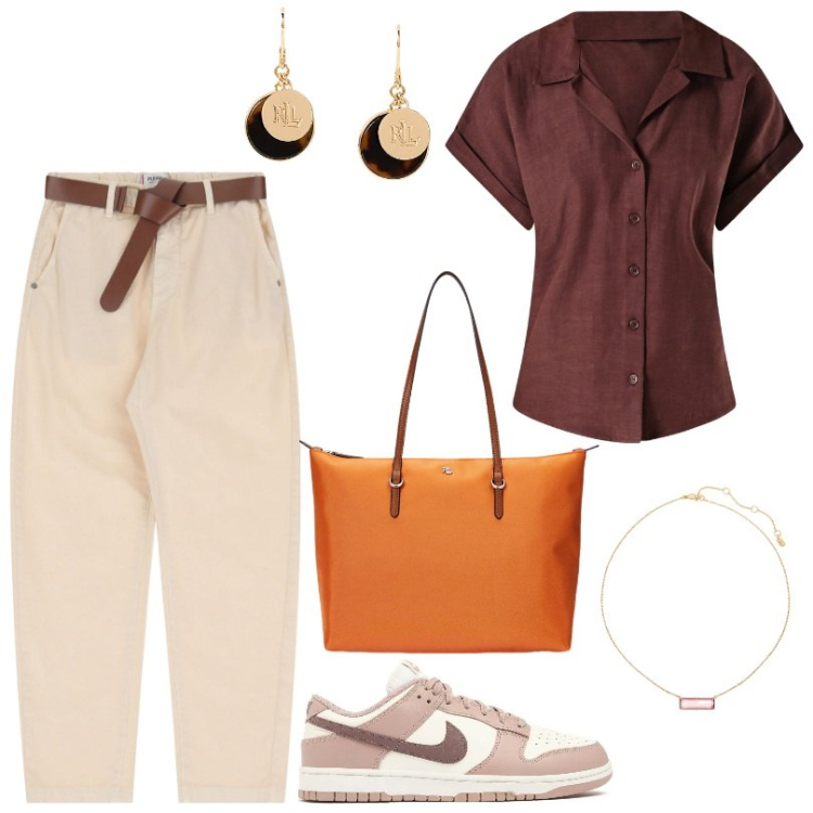 Outfit donna - Lascia il segno in città. Stile Basic per Tutti i giorni. Abbinamento con camicie a manica corta, pantaloni chino, borse tote, orecchini, collane, sneakers.