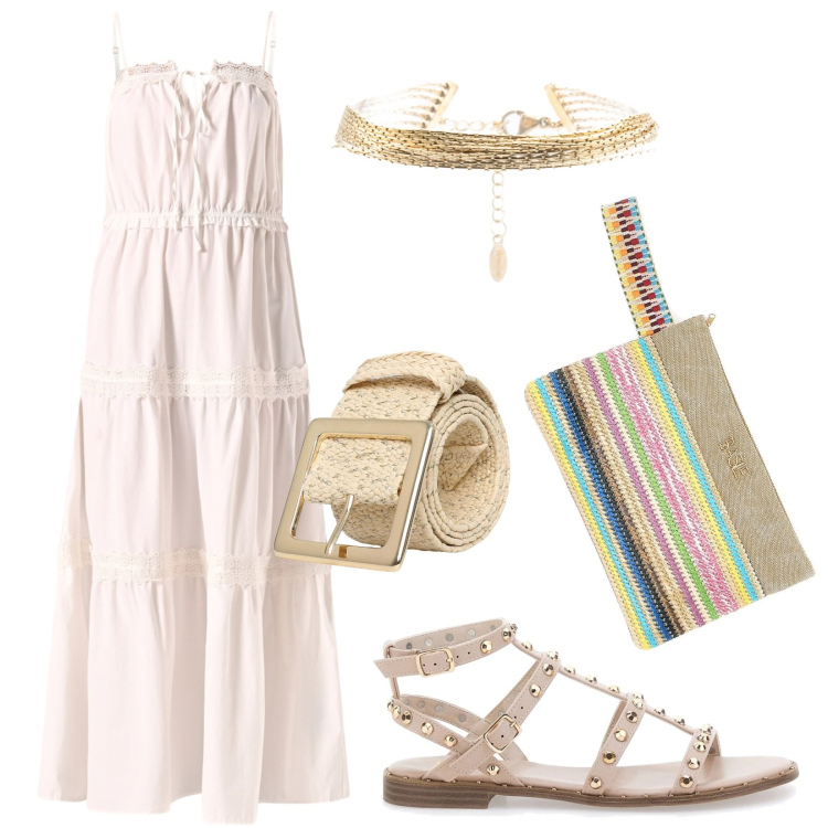 Outfit donna - Fresco abito bianco. Stile Boho per Tutti i giorni. Abbinamento con cinture, vestiti lunghi, braccialetti, sandali, pochette.