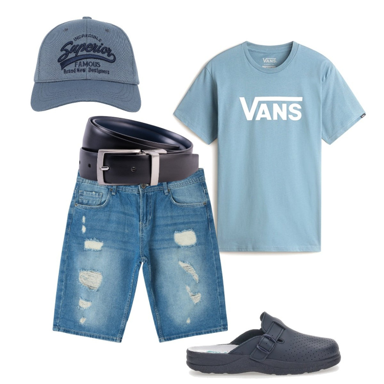 Outfit uomo - Giornata casual. Stile Casual per Tutti i giorni. Abbinamento con cappelli con visiera, shorts, t-shirt, cinture, sandali.