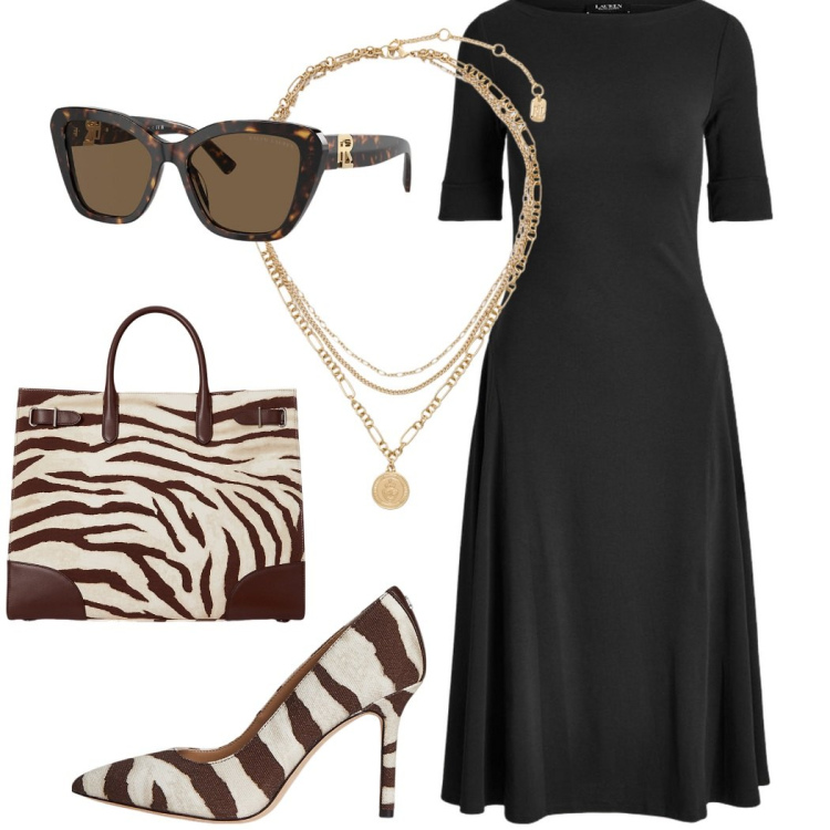 Outfit donna - Dettagli animalier. Stile Chic per Serata fuori. Abbinamento con vestiti, occhiali da sole, ciondoli, borse tote, décolleté.