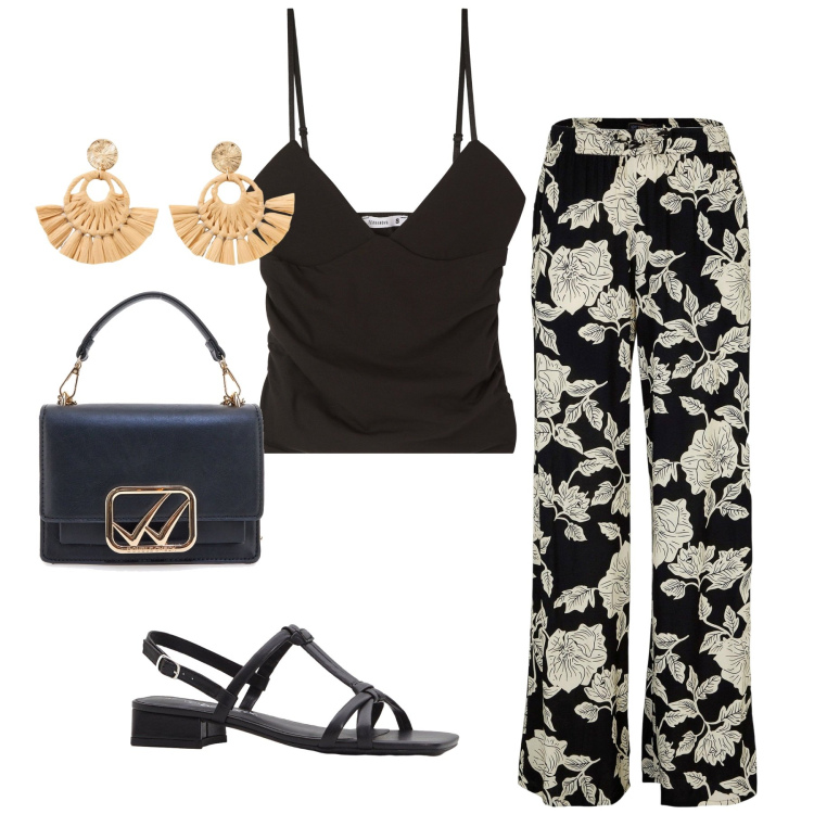 Outfit donna - Ci vediamo stasera. Stile Chic per Serata fuori. Abbinamento con pantaloni a palazzo, orecchini, sandali col tacco, canottiere, borse a tracolla.
