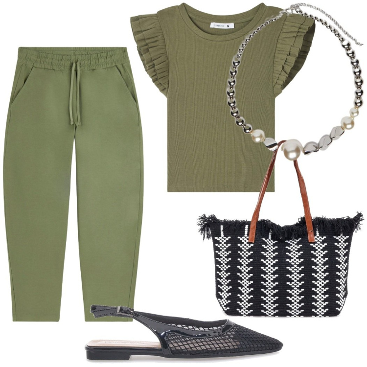 Outfit donna - Outfit verde oliva. Stile Casual per Tutti i giorni. Abbinamento con t-shirt, pantaloni, borse a spalla, ballerine, collane.