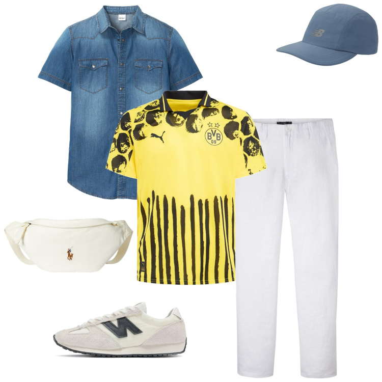 Outfit uomo - Total look #2215441. Abbinamento con pantaloni, camicie a manica corta, sneakers, cappelli con visiera, borse sportive, t-shirt.
