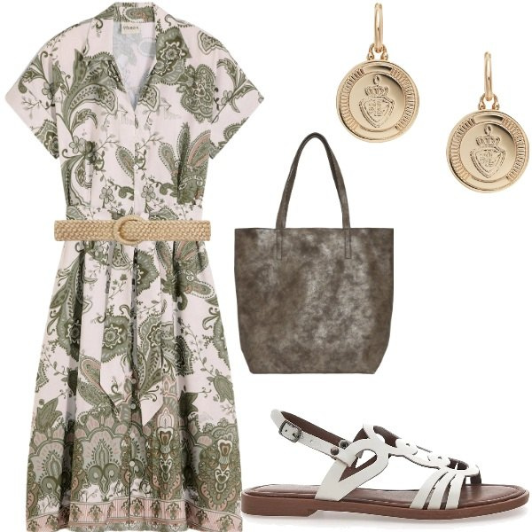 Outfit donna - Passeggiata al mare. Stile Casual per Tutti i giorni. Abbinamento con vestiti, cinture, borse tote, orecchini, sandali.