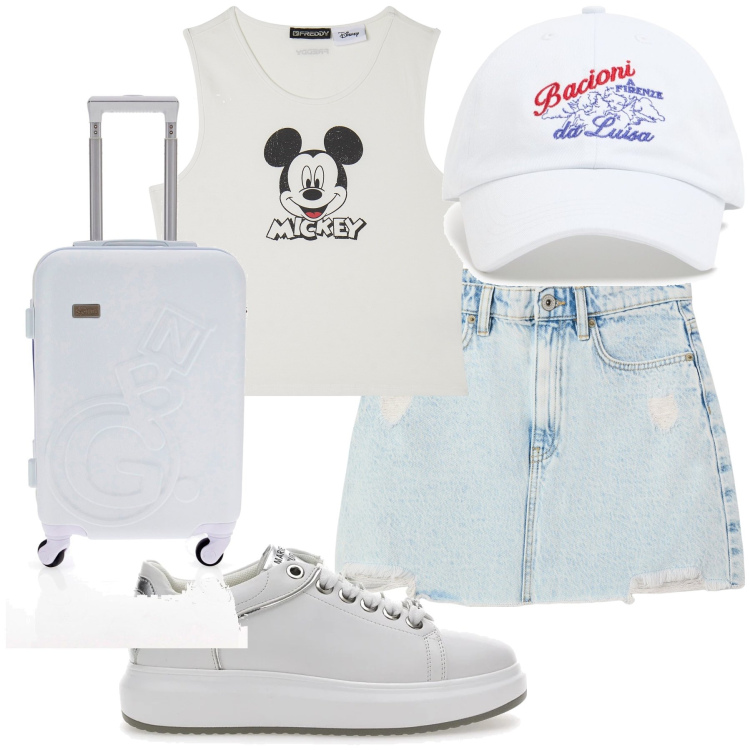 Outfit donna - Viaggio teen. Stile Basic per Tutti i giorni. Abbinamento con minigonne, canottiere, sneakers, valigie, cappelli.