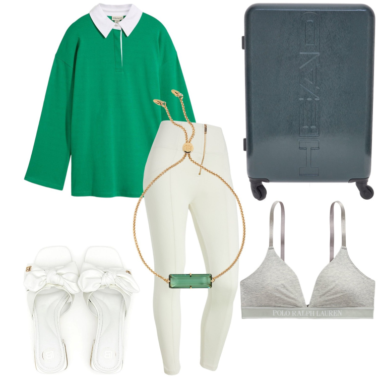 Outfit donna - Viaggio notturno. Stile Basic per Tutti i giorni. Abbinamento con polo, pantaloni skinny, reggiseni, braccialetti, ciabatte, valigie.