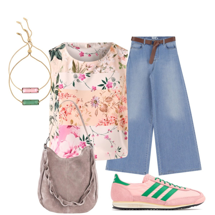 Outfit donna - Rosa e verde. Stile Casual chic per Serata fuori. Abbinamento con borse a mano, top, jeans, braccialetti, braccialetti, sneakers.
