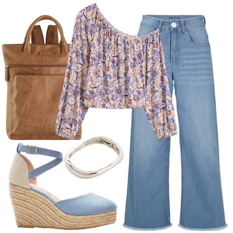 Outfit donna - Chic in jeans. Stile Boho per Tutti i giorni. Abbinamento con jeans, sandali, zaini, bluse, braccialetti.