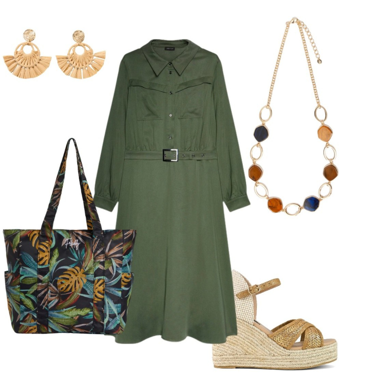 Outfit donna - Pomeriggio. Abbinamento con orecchini, shopping bag, vestiti lunghi, collane, zeppe.
