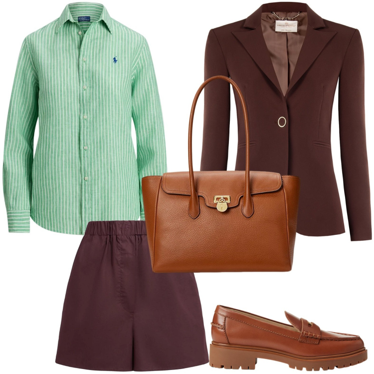 Outfit donna - Office style. Stile Bon Ton per Ufficio. Abbinamento con blazer, mocassini, borse a mano, camicie, shorts.