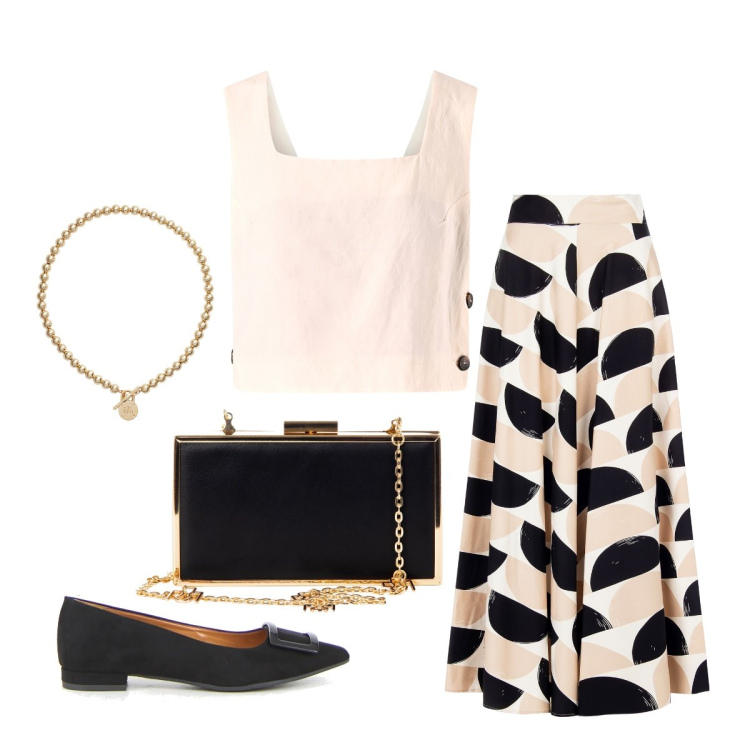 Outfit donna - Cerimonia. Stile Chic per Cerimonia. Abbinamento con pochette, gonne longuette, top, collane, ballerine.