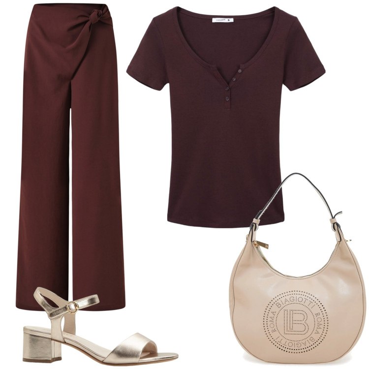 Outfit donna - Toni del marrone. Stile Chic per Serata fuori. Abbinamento con sandali col tacco, t-shirt, pantaloni, borse a spalla.