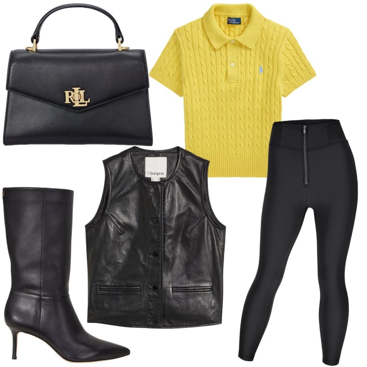 Outfit donna - Borsa di carattere. Stile Rock per Serata fuori. Abbinamento con gilet, pantaloni skinny, polo, stivali, borse a mano.
