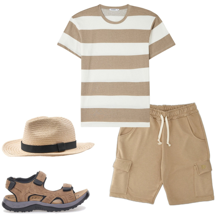 Outfit uomo - In vacanza con papà. Stile Casual per Tutti i giorni. Abbinamento con t-shirt, pantaloni corti, sandali, cappelli.
