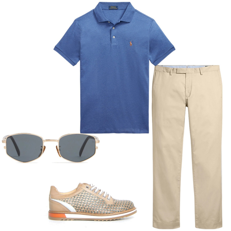 Outfit uomo - Perfect. Stile Trendy per Tutti i giorni. Abbinamento con polo, pantaloni chino, scarpe stringate, occhiali da sole.