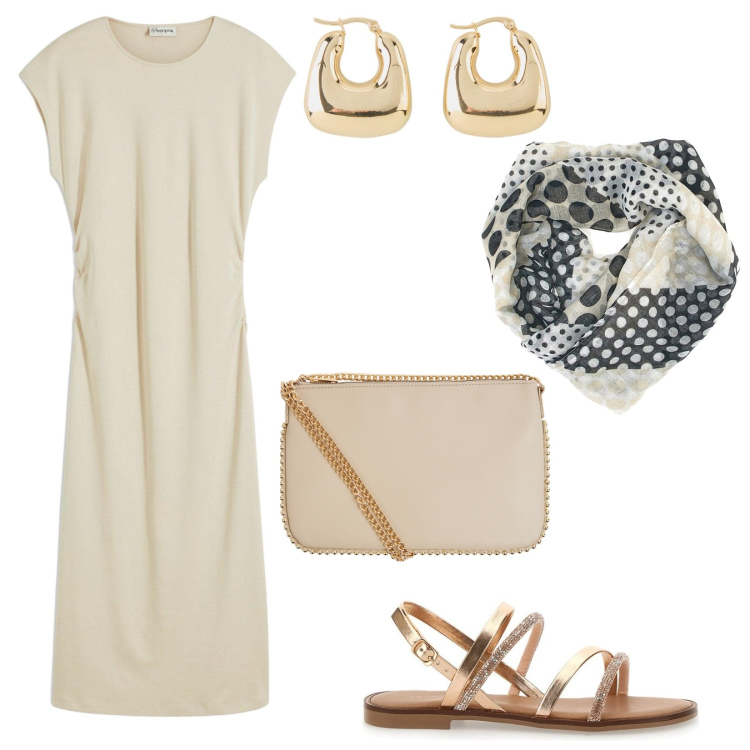Outfit donna - Passeggiata al tramonto. Stile Basic per Tutti i giorni. Abbinamento con orecchini, vestiti midi/longuette, borse a tracolla, sandali, foulard.