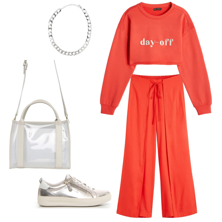 Outfit donna - Passeggiata al parco o fuori porta.. Stile Sporty chic per Tutti i giorni. Abbinamento con pantaloni, borse tote, collane, felpe, sneakers.