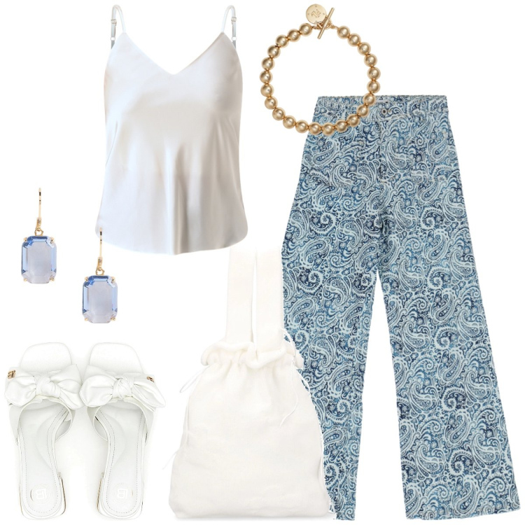 Outfit donna - In vacanza. Stile Casual chic per Tutti i giorni. Abbinamento con top, jeans a zampa, braccialetti, orecchini, ciabatte, borse a mano.