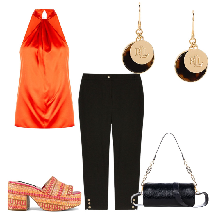 Outfit donna - Cerimonia in arancione. Stile Chic per Cerimonia. Abbinamento con top, borse a mano, orecchini, pantaloni chino, zeppe.