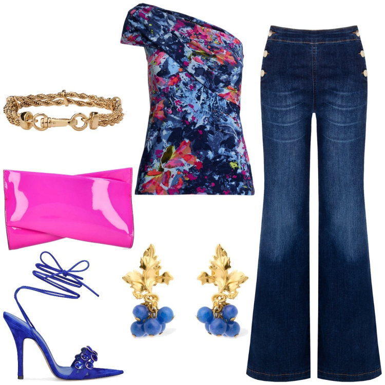 Outfit donna - Aperitivo in jeans. Stile Casual chic per Serata fuori. Abbinamento con jeans, top, braccialetti, pochette, sandali in pelle, orecchini.