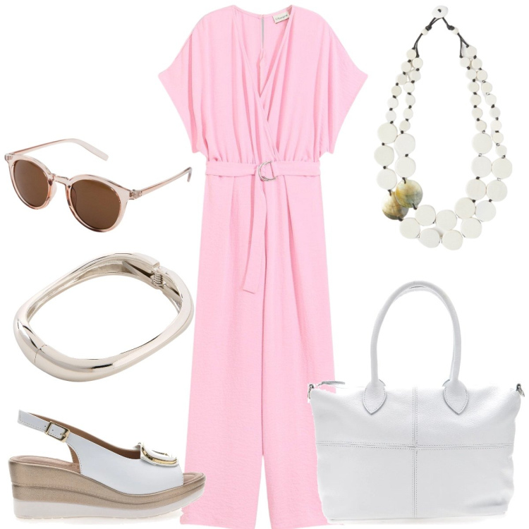 Outfit donna - Dinamica. Stile Casual per Tutti i giorni. Abbinamento con tute, occhiali da sole, braccialetti, sandali, ciondoli, borse a mano.