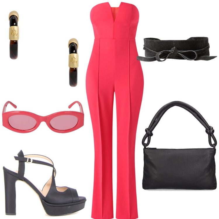 Outfit donna - In città. Stile Chic per Tutti i giorni. Abbinamento con cinture, tute, orecchini, sandali col tacco, occhiali da sole, borse a spalla.