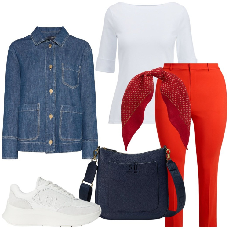 Outfit donna - Passeggiata al mare. Stile Casual chic per Tutti i giorni. Abbinamento con borse a tracolla, sneakers, pantaloni, foulard, t-shirt, blazer.