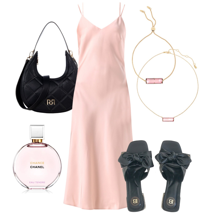 Outfit donna - Eleganza minimalista. Stile Chic per Serata fuori. Abbinamento con profumi, borse a tracolla, vestiti lunghi, braccialetti, collane, ciabatte.
