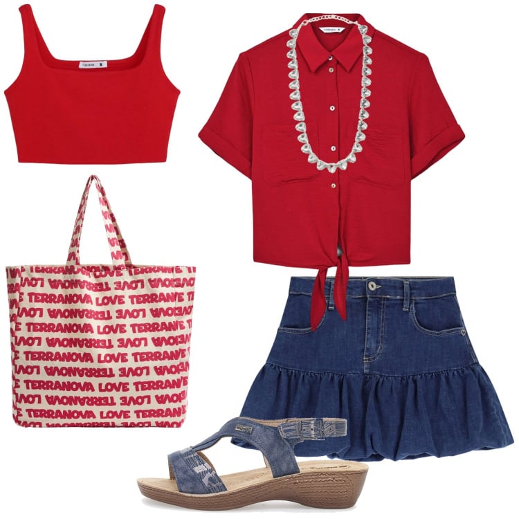 Outfit donna - Total look #2215517. Stile Casual per Tutti i giorni. Abbinamento con camicie a manica corta, reggiseni, borse tote, collane, minigonne, sandali.