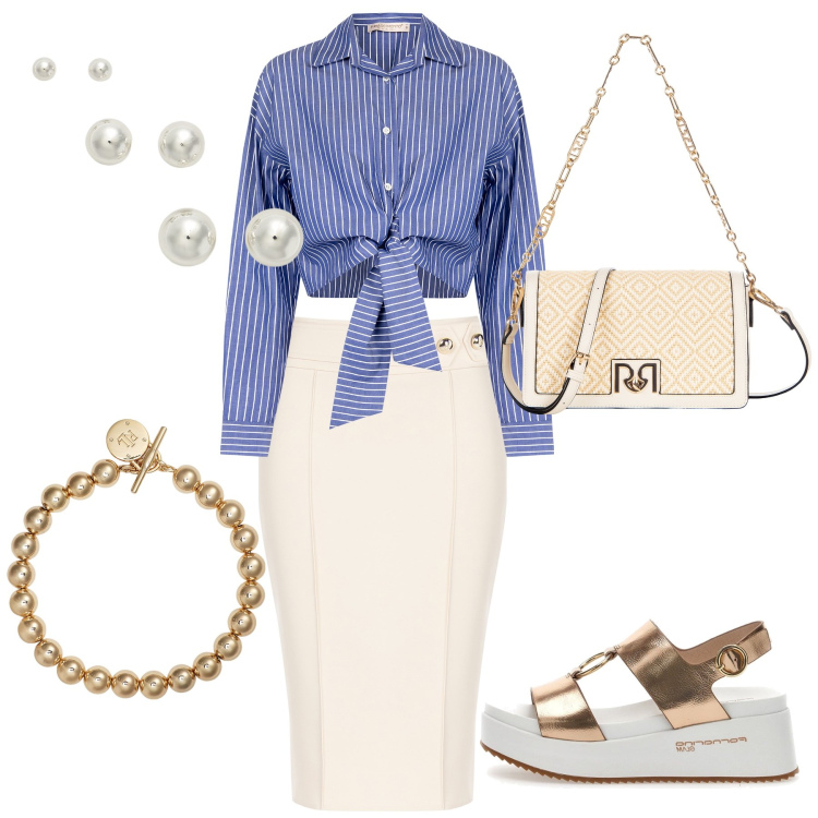 Outfit donna - Outfit fresco e raffinato. Stile Chic per Serata fuori. Abbinamento con camicie, gonne, borse a tracolla, braccialetti, orecchini, sandali.