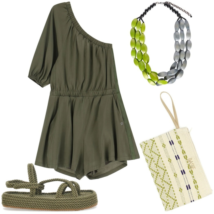 Outfit donna - Al mare in vacanza. Stile Trendy per Serata fuori. Abbinamento con tute, sandali, collane, pochette.
