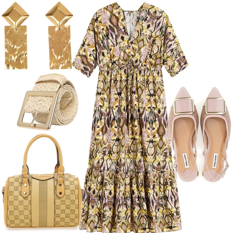 Outfit donna - A pranzo con le amiche. Stile Casual chic per Tutti i giorni. Abbinamento con vestiti midi/longuette, cinture, ballerine, borse a spalla, orecchini.