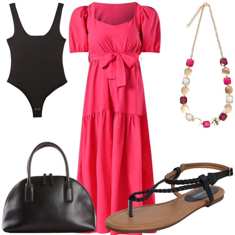 Outfit donna - Total look #2215530. Stile Casual chic per Tutti i giorni. Abbinamento con shopping bag, ciabatte, body, vestiti lunghi, collane.
