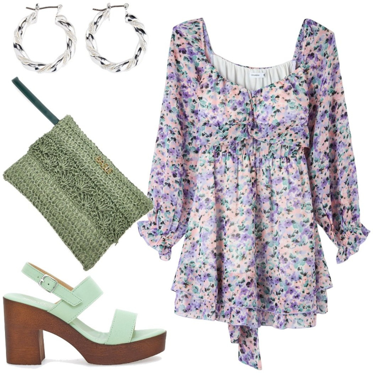 Outfit donna - Total look #2215532. Stile Casual chic per Serata fuori. Abbinamento con orecchini, vestiti corti, zoccoli, pochette.