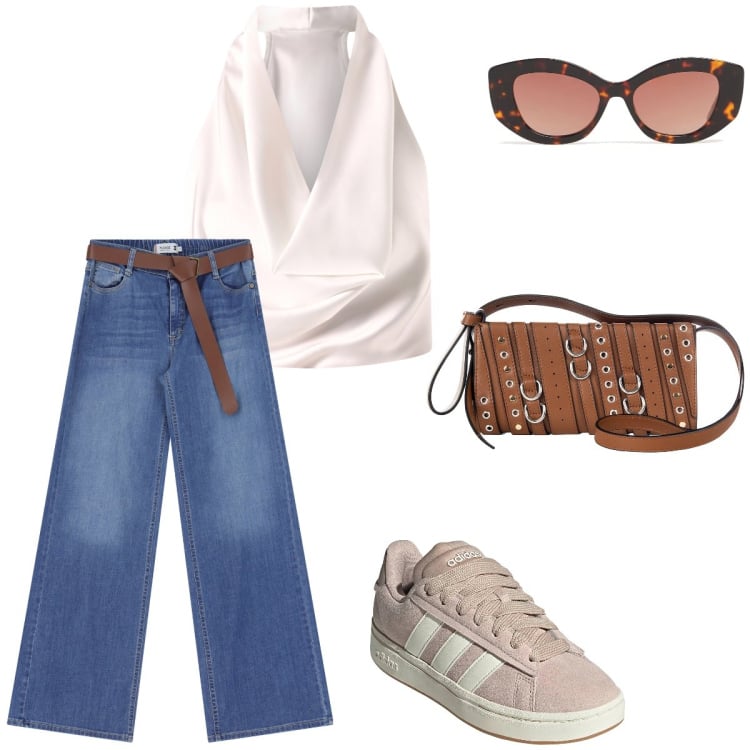 Outfit donna - Sportive in citta. Stile Casual per Tutti i giorni. Abbinamento con borse a spalla, top, jeans, sneakers, occhiali da sole.