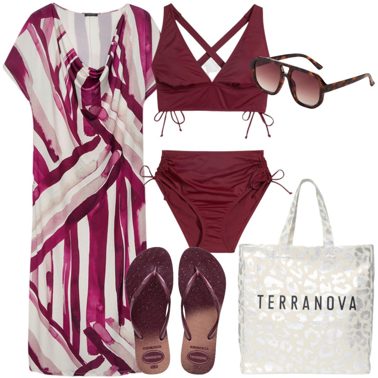 Outfit donna - Al mare. Stile Bon Ton per Mare. Abbinamento con occhiali da sole, bikini, borse tote, vestiti lunghi, ciabatte.
